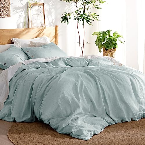 Bedsure Linen Duvet Cover King - Linen Cotton Blend Duvet Cover Set, Spa Blue Linen Duvet Cover, 3 Pieces, 1 Duvet Cover 104x90 Inches and 2 Pillowcases, Comforter Sold Separately