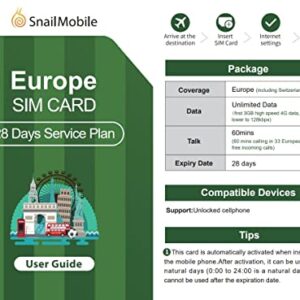 Snail Mobile Europe Travel/Holiday 28 Days Plan SIM Card Unlimited 4G LTE Internet Date in 30+ Countries in Europe(Universal SIM Card Pack)