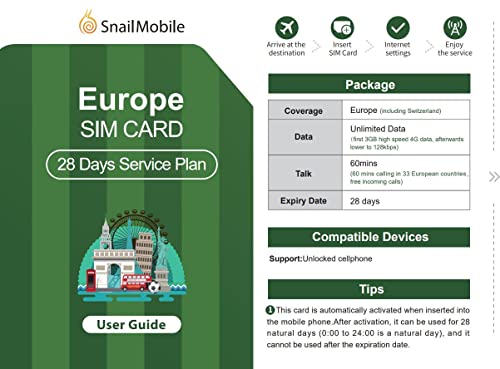 Snail Mobile Europe Travel/Holiday 28 Days Plan SIM Card Unlimited 4G LTE Internet Date in 30+ Countries in Europe(Universal SIM Card Pack)