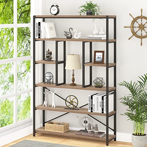 LVB Tall Industrial Etagere Bookcase, Modern Wood Large Open 6 Tier Bookshelf, Vintage Wide Metal Book Shelf Organizer, Farmhouse Book Shelves for Bedroom Living Room Home Office Storage, Rustic Oak