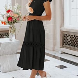 ZESICA Women's 2023 Casual Crew Neck Flutter Sleeve Smocked High Waist Hollow Out Lace Trim Tiered A Line Midi Dress,Black,Small