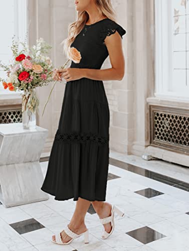 ZESICA Women's 2023 Casual Crew Neck Flutter Sleeve Smocked High Waist Hollow Out Lace Trim Tiered A Line Midi Dress,Black,Small