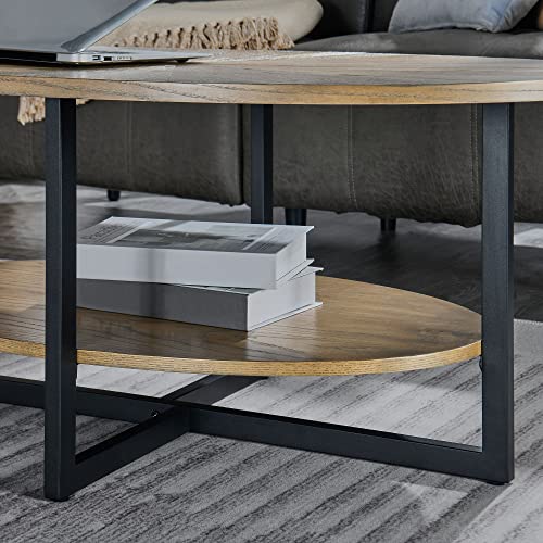 Solid Wood Oval Coffee Table with Cross Metal Legs, 43.3" 2-Tier Modern Industrail Center Table with Open Shelf Polished Edging Cocktail Tea Table for Living Room Bedroom Home, Rustic Nature 1811