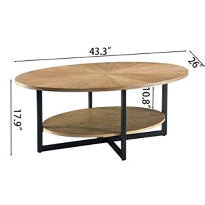 Solid Wood Oval Coffee Table with Cross Metal Legs, 43.3" 2-Tier Modern Industrail Center Table with Open Shelf Polished Edging Cocktail Tea Table for Living Room Bedroom Home, Rustic Nature 1811