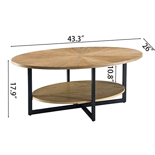 Solid Wood Oval Coffee Table with Cross Metal Legs, 43.3" 2-Tier Modern Industrail Center Table with Open Shelf Polished Edging Cocktail Tea Table for Living Room Bedroom Home, Rustic Nature 1811