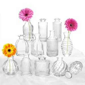 bud vases set of 12, glass vase for decor centerpieces, small vases for flowers, clear flower vase stripe modern bud vases in bulk, vintage vases for floral wedding party table decoration home decor