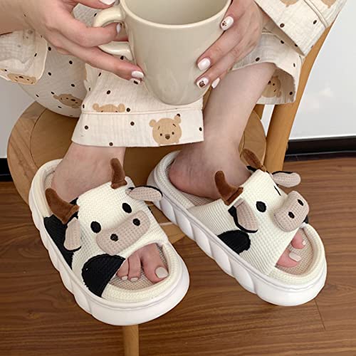 Cute Cow Slippers, Kawaii Fuzzy Milky Cow Slides, Winter Warm Milk Cow House Slippers, Indoor Cozy Cartoon Animal Slipper House Shoes for Women Men (Linen Cow ,9 Women/7.5 Men)