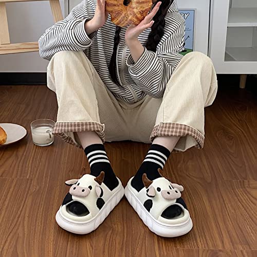 Cute Cow Slippers, Kawaii Fuzzy Milky Cow Slides, Winter Warm Milk Cow House Slippers, Indoor Cozy Cartoon Animal Slipper House Shoes for Women Men (Linen Cow ,9 Women/7.5 Men)