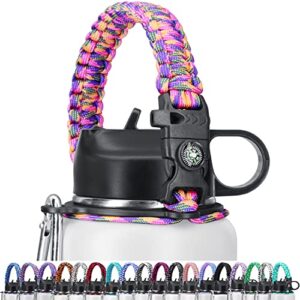 affute paracord handle,fits wide mouth bottles 12-40 oz, water bottle handle strap with safety ring,carabiner,survival whistle,compass,accessories for walking hiking camping (rainbow 1)