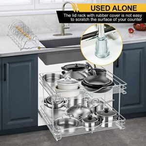 FULGENTE Pull Out Cabinet Organizer for Lid Cookware 20" W x 21" D 2 Tier Slide Out Kitchen Cabinet Shelves for Pots Pans Organizer Rack Organizador De Ollas y Sartenes Wire Frame Chrome Finish