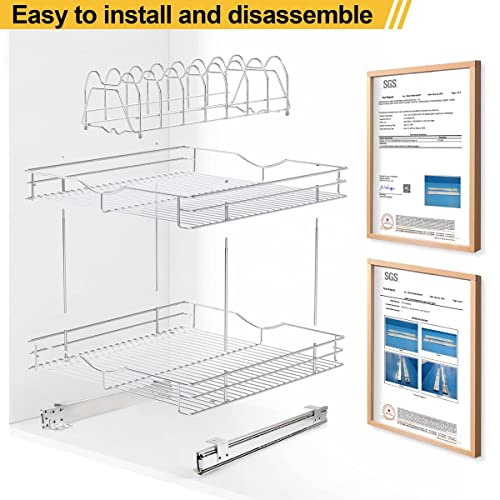 FULGENTE Pull Out Cabinet Organizer for Lid Cookware 20" W x 21" D 2 Tier Slide Out Kitchen Cabinet Shelves for Pots Pans Organizer Rack Organizador De Ollas y Sartenes Wire Frame Chrome Finish