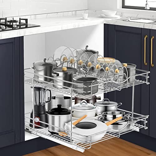 FULGENTE Pull Out Cabinet Organizer for Lid Cookware 20" W x 21" D 2 Tier Slide Out Kitchen Cabinet Shelves for Pots Pans Organizer Rack Organizador De Ollas y Sartenes Wire Frame Chrome Finish