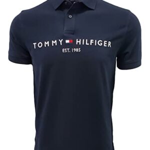 Tommy Hilfiger Mens Embroidered Graphic Logo Mesh Polo Shirt (Medium, Navy (est 1985))