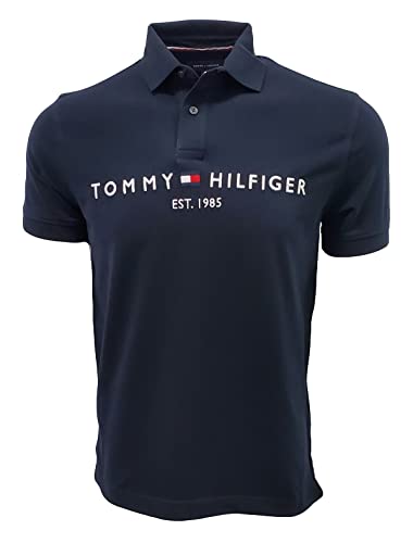 Tommy Hilfiger Mens Embroidered Graphic Logo Mesh Polo Shirt (Medium, Navy (est 1985))