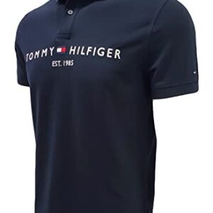 Tommy Hilfiger Mens Embroidered Graphic Logo Mesh Polo Shirt (Medium, Navy (est 1985))