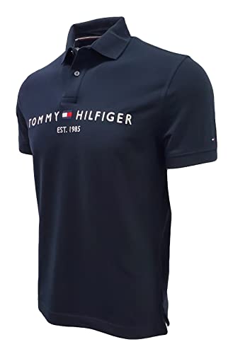 Tommy Hilfiger Mens Embroidered Graphic Logo Mesh Polo Shirt (Medium, Navy (est 1985))