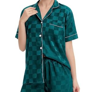 SWOMOG Women's Silk Satin Pajamas Set Short Sleeve Sleepwear Button Down Loungewear Checker Top and Shorts 2 Pcs Pjs