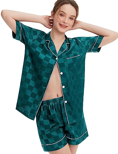 SWOMOG Women's Silk Satin Pajamas Set Short Sleeve Sleepwear Button Down Loungewear Checker Top and Shorts 2 Pcs Pjs