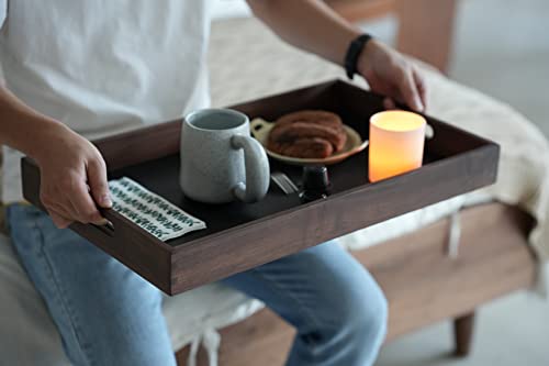 CRAZYWOOD 22x13 Inches Walnut with Carry Handle Black Ottoman Tray Serve Tea Coffee or Breakfast in Bed Classic Wooden Decorative Serving Tray