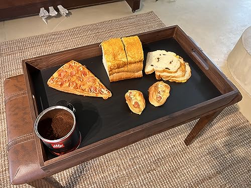 CRAZYWOOD 22x13 Inches Walnut with Carry Handle Black Ottoman Tray Serve Tea Coffee or Breakfast in Bed Classic Wooden Decorative Serving Tray