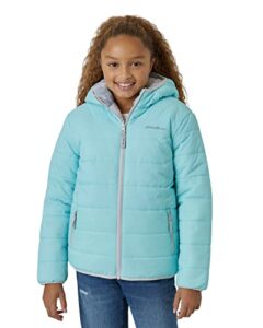 eddie bauer girls' reversible jacket - deer harbor waterproof lightweight puffer coat with faux shearling lining (5-20), size 5/6, aqua