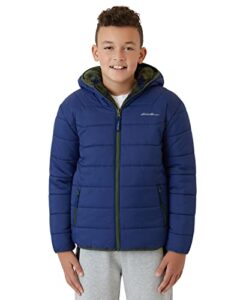 eddie bauer boys' reversible jacket - deer harbor waterproof lightweight puffer coat with faux shearling lining (5-20), size 18-20, navy