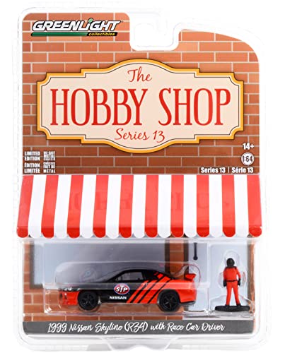 1999 Skyline (R34) RHD Right Hand Drive Black & Red STP & Race Car Driver Figure The Hobby Shop Series 13 1/64 Diecast Model Car by Greenlight 97130 E