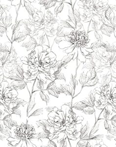 jiffdiff black and white floral wallpaper 17.3" x 394" peonies removable peel and stick floral wallpaper sketched floral self-adhesive prepasted wallpaper wall decor (sketched floral)