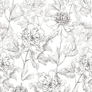 JiffDiff Black and White Floral Wallpaper 17.3" x 394" Peonies Removable Peel and Stick Floral Wallpaper Sketched Floral Self-Adhesive Prepasted Wallpaper Wall Decor (Sketched Floral)