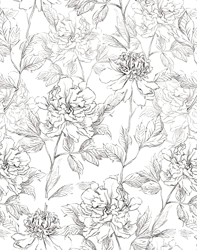 JiffDiff Black and White Floral Wallpaper 17.3" x 394" Peonies Removable Peel and Stick Floral Wallpaper Sketched Floral Self-Adhesive Prepasted Wallpaper Wall Decor (Sketched Floral)