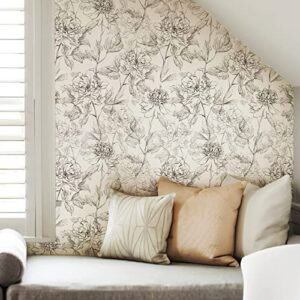 JiffDiff Black and White Floral Wallpaper 17.3" x 394" Peonies Removable Peel and Stick Floral Wallpaper Sketched Floral Self-Adhesive Prepasted Wallpaper Wall Decor (Sketched Floral)