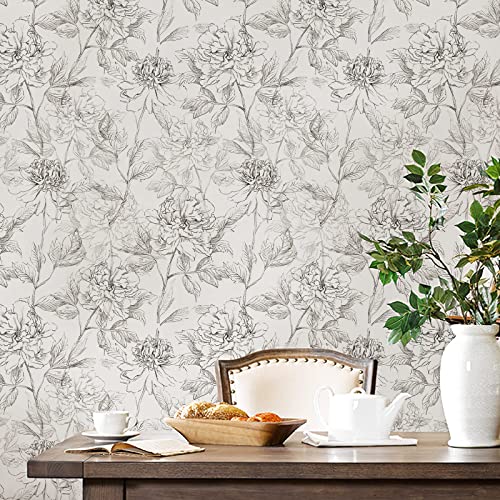 JiffDiff Black and White Floral Wallpaper 17.3" x 394" Peonies Removable Peel and Stick Floral Wallpaper Sketched Floral Self-Adhesive Prepasted Wallpaper Wall Decor (Sketched Floral)