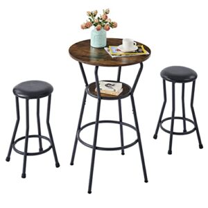 hoctieon round bar table with 2 stools, bar table and chairs set, 2-tier pub table and chairs set of 2, bistro table and chairs set of 2 for small space, living room, easy assembly, rustic brown