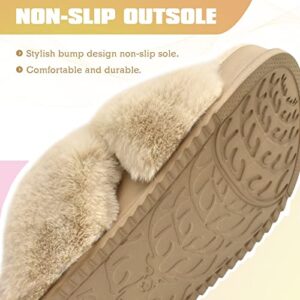 KUAILU Womens Fuzzy Criss Cross Band Platform Slippers Back Strap Fluffy Furry Faux Fur Ladies Open Toe Slingback Slide Slippers Cozy Soft Plush Fleece Comfy House Shoes Sandals Indoor Outdoor Beige 8