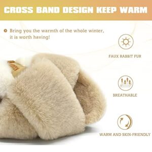 KUAILU Womens Fuzzy Criss Cross Band Platform Slippers Back Strap Fluffy Furry Faux Fur Ladies Open Toe Slingback Slide Slippers Cozy Soft Plush Fleece Comfy House Shoes Sandals Indoor Outdoor Beige 8