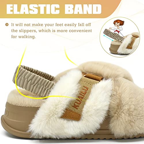 KUAILU Womens Fuzzy Criss Cross Band Platform Slippers Back Strap Fluffy Furry Faux Fur Ladies Open Toe Slingback Slide Slippers Cozy Soft Plush Fleece Comfy House Shoes Sandals Indoor Outdoor Beige 8