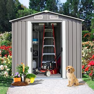 kinbor 6' x 4' outdoor storage shed garden shed - galvanized metal utility tool storage with air vents and door for backyard lawn patio, grey