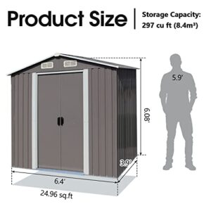 kinbor 6' x 4' Outdoor Storage Shed Garden Shed - Galvanized Metal Utility Tool Storage with Air Vents and Door for Backyard Lawn Patio, Grey