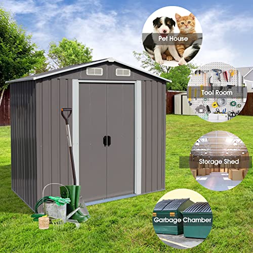 kinbor 6' x 4' Outdoor Storage Shed Garden Shed - Galvanized Metal Utility Tool Storage with Air Vents and Door for Backyard Lawn Patio, Grey