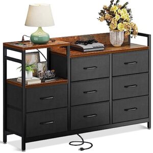 odk dresser with charging station, wide dresser 52'' long dresser for bedroom dresser with 8 drawers, chest of drawers easy-pull fabric dressers for closet, living room, hallway, vintage and black