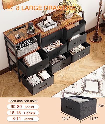 ODK Dresser with Charging Station, Wide Dresser 52'' Long Dresser for Bedroom Dresser with 8 Drawers, Chest of Drawers Easy-Pull Fabric Dressers for Closet, Living Room, Hallway, Vintage and Black