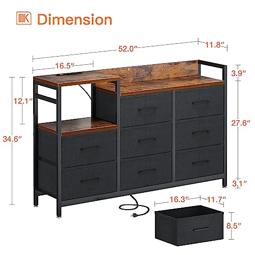 ODK Dresser with Charging Station, Wide Dresser 52'' Long Dresser for Bedroom Dresser with 8 Drawers, Chest of Drawers Easy-Pull Fabric Dressers for Closet, Living Room, Hallway, Vintage and Black