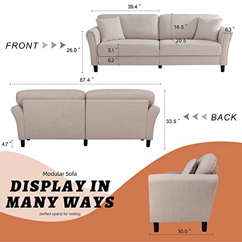 Shintenchi 87 inch Modern Sofa Couch for Livingroom, Mid-Century Loveseat Furniture with Hardwood Frame, Upholstered Couch, Rounded Arms, Deep Seat Sofa Bed for Bedroom, Beige