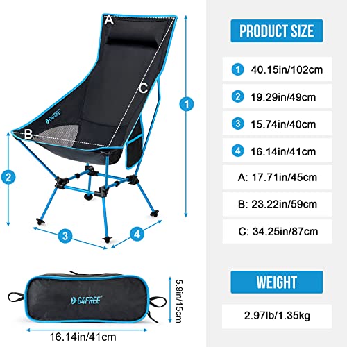 G4Free Lightweight Portable High Back Camp Chair, Folding Lawn Chair Heavy Duty 330lbs with Headrest & Pocket for Outdoor Beach Picnic Travel Hiking