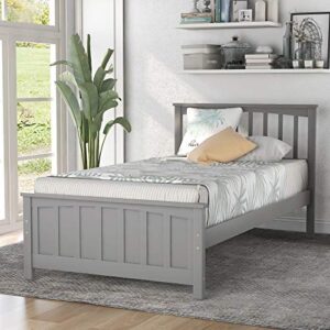 zjiah twin size solid wood platform bed frame with headboard and footboard, single bed wooden slat support for teens adult bedroom guest room, space saving, no box spring need, gray