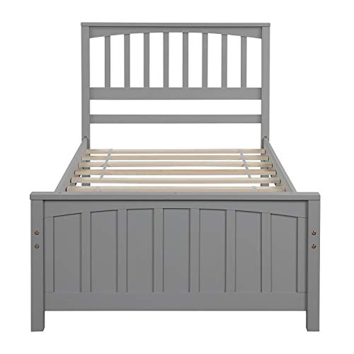 ZJIAH Twin Size Solid Wood Platform Bed Frame with Headboard and Footboard, Single Bed Wooden Slat Support for Teens Adult Bedroom Guest Room, Space Saving, No Box Spring Need, Gray