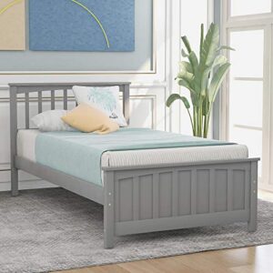 ZJIAH Twin Size Solid Wood Platform Bed Frame with Headboard and Footboard, Single Bed Wooden Slat Support for Teens Adult Bedroom Guest Room, Space Saving, No Box Spring Need, Gray
