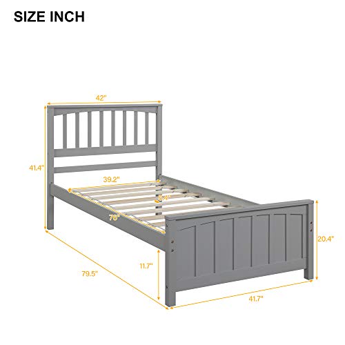 ZJIAH Twin Size Solid Wood Platform Bed Frame with Headboard and Footboard, Single Bed Wooden Slat Support for Teens Adult Bedroom Guest Room, Space Saving, No Box Spring Need, Gray