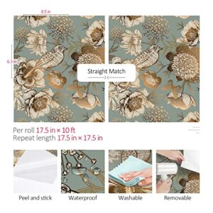 ReWallpaper Vintage Gold Floral Wallpaper Garden Bird Flower Peel and Stick Wallpaper for Bedroom Accent Wall 17.5in X 10ft Dark Cyan Teal Contact Paper for Cabinets Peel & Stick Vinyl Wall Paper