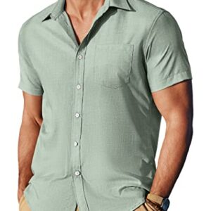 JINIDU Men Linen Shirts Short Sleeve Button Down Shirt Athletic Fit Dress Shirts Light Green